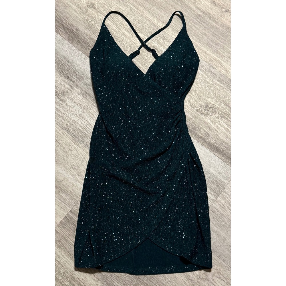 Speechless Green Sparkle Mini Dress Criss Cross Back Party size 1‎